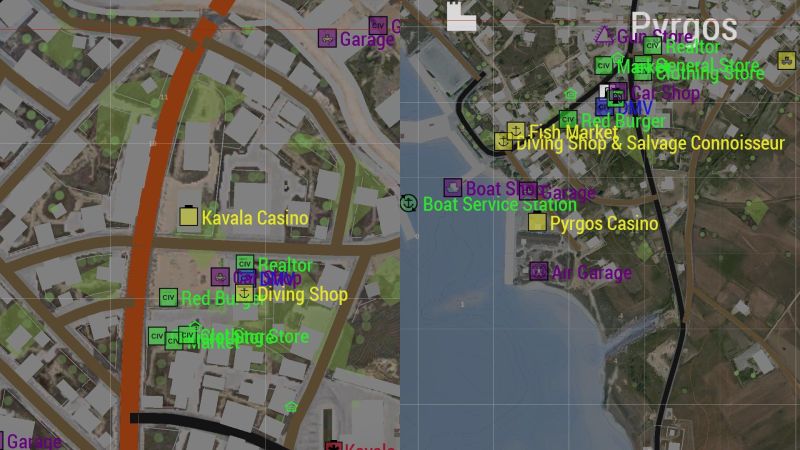 Where the casinos are located on the map.